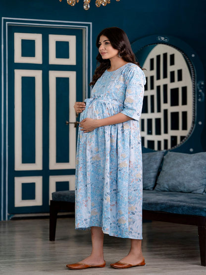 Blue Printed Maternity Dress