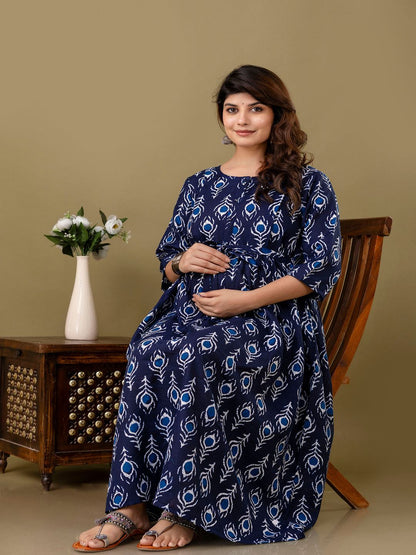 Navy Blue Printed Maternity Dress