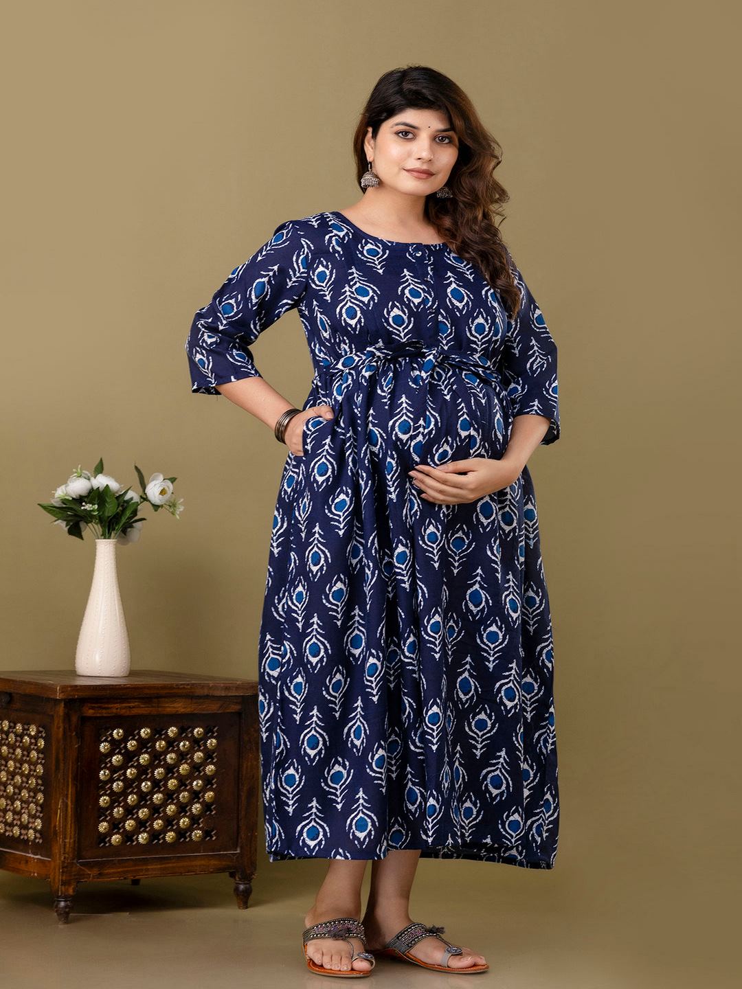 Navy Blue Printed Maternity Dress