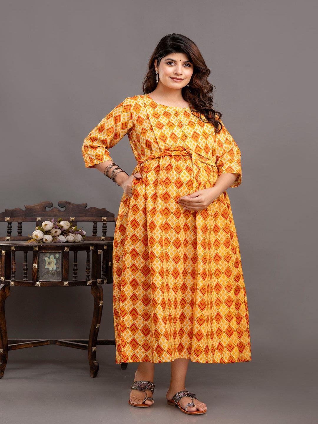 Yellow Printed Maternity Dress