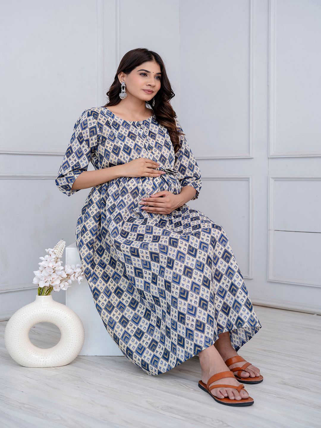 Blue Printed Maternity Dress