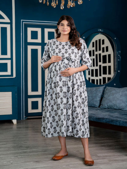 Grey Printed Maternity Dress