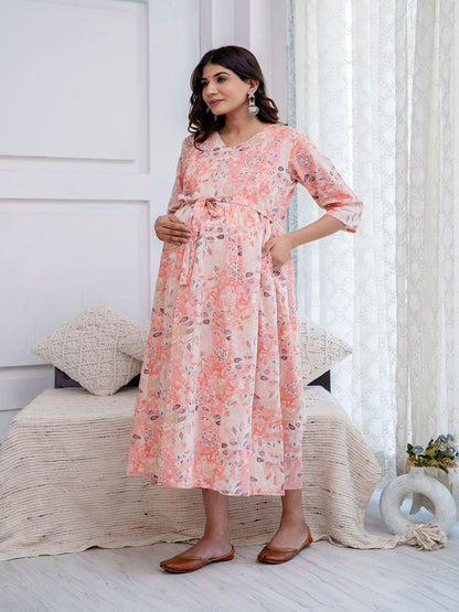 Peach Printed Maternity Dress