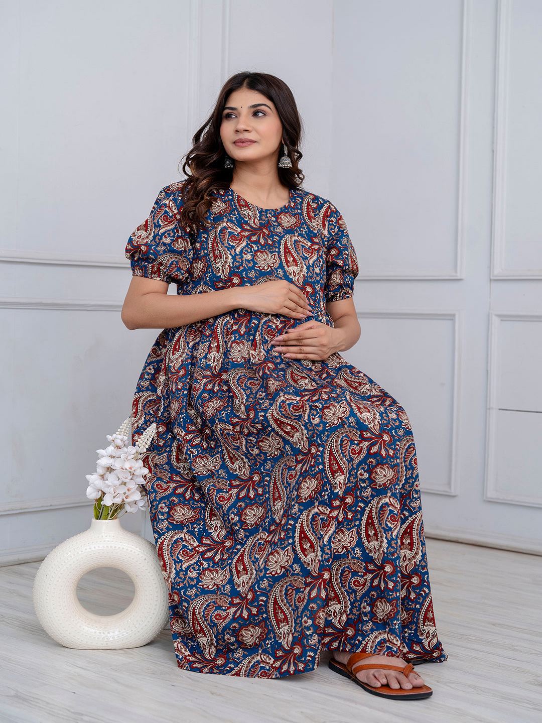 Blue Printed Maternity Dress