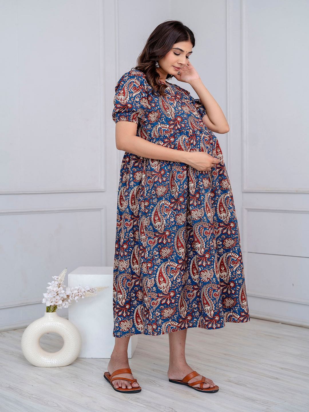 Blue Printed Maternity Dress