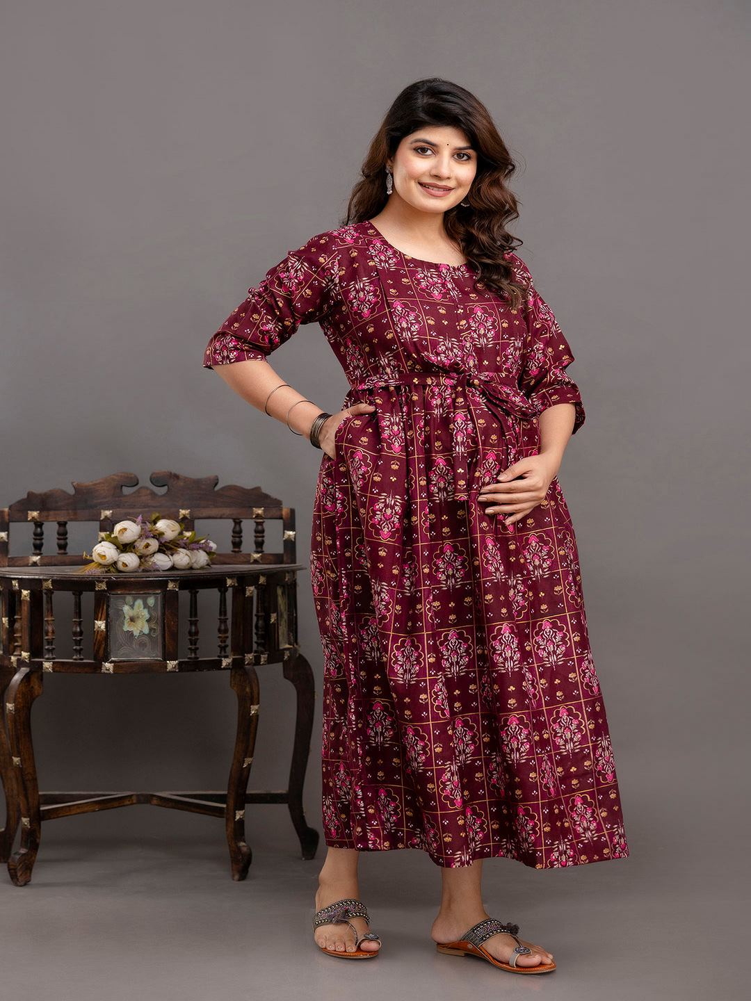 Burgundy Printed Maternity Dress