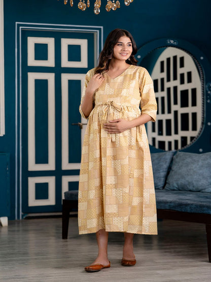 Beige Printed Maternity Dress