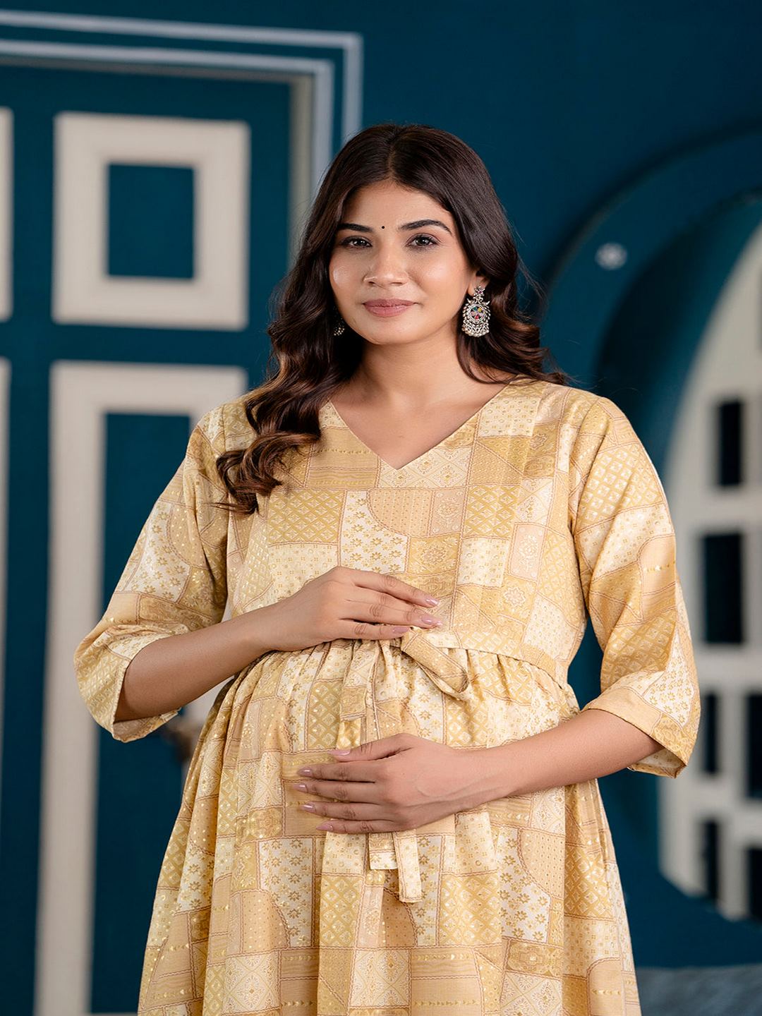 Beige Printed Maternity Dress