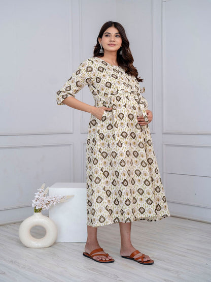 Off White Printed Maternity Dress