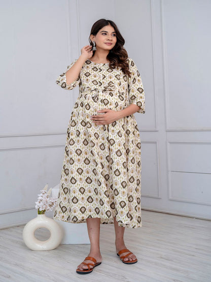 Off White Printed Maternity Dress