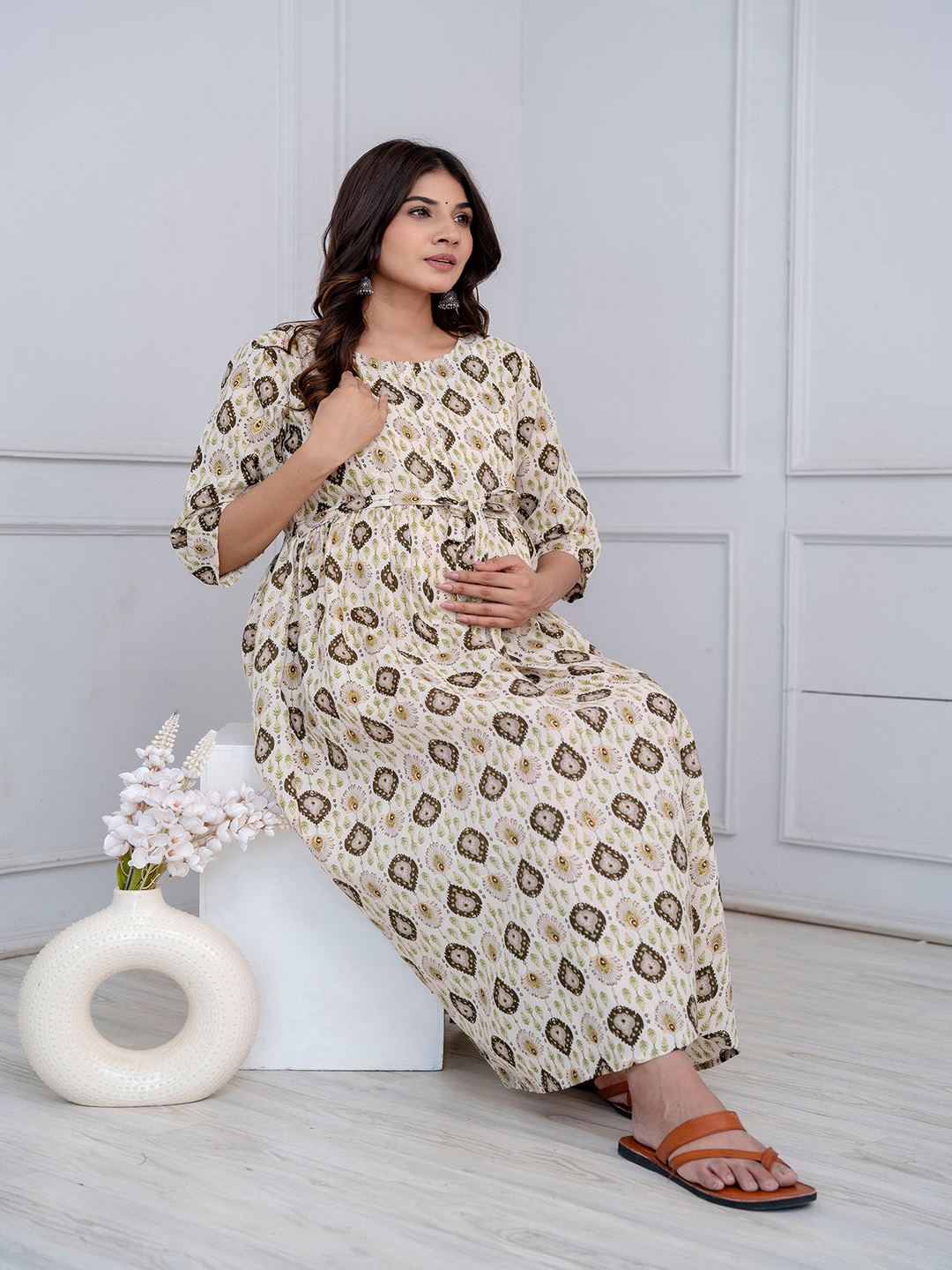 Off White Printed Maternity Dress