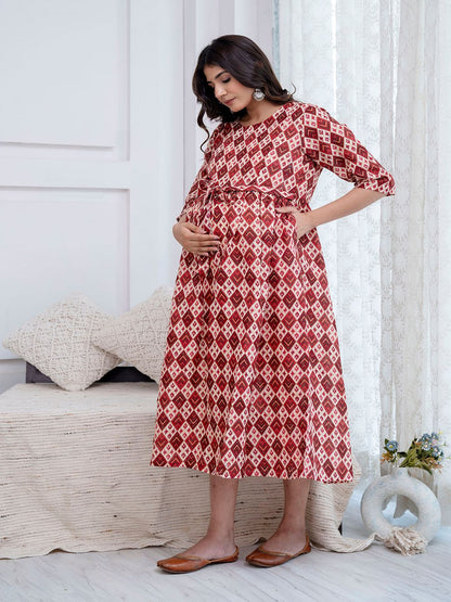 Maroon Printed Maternity Dress