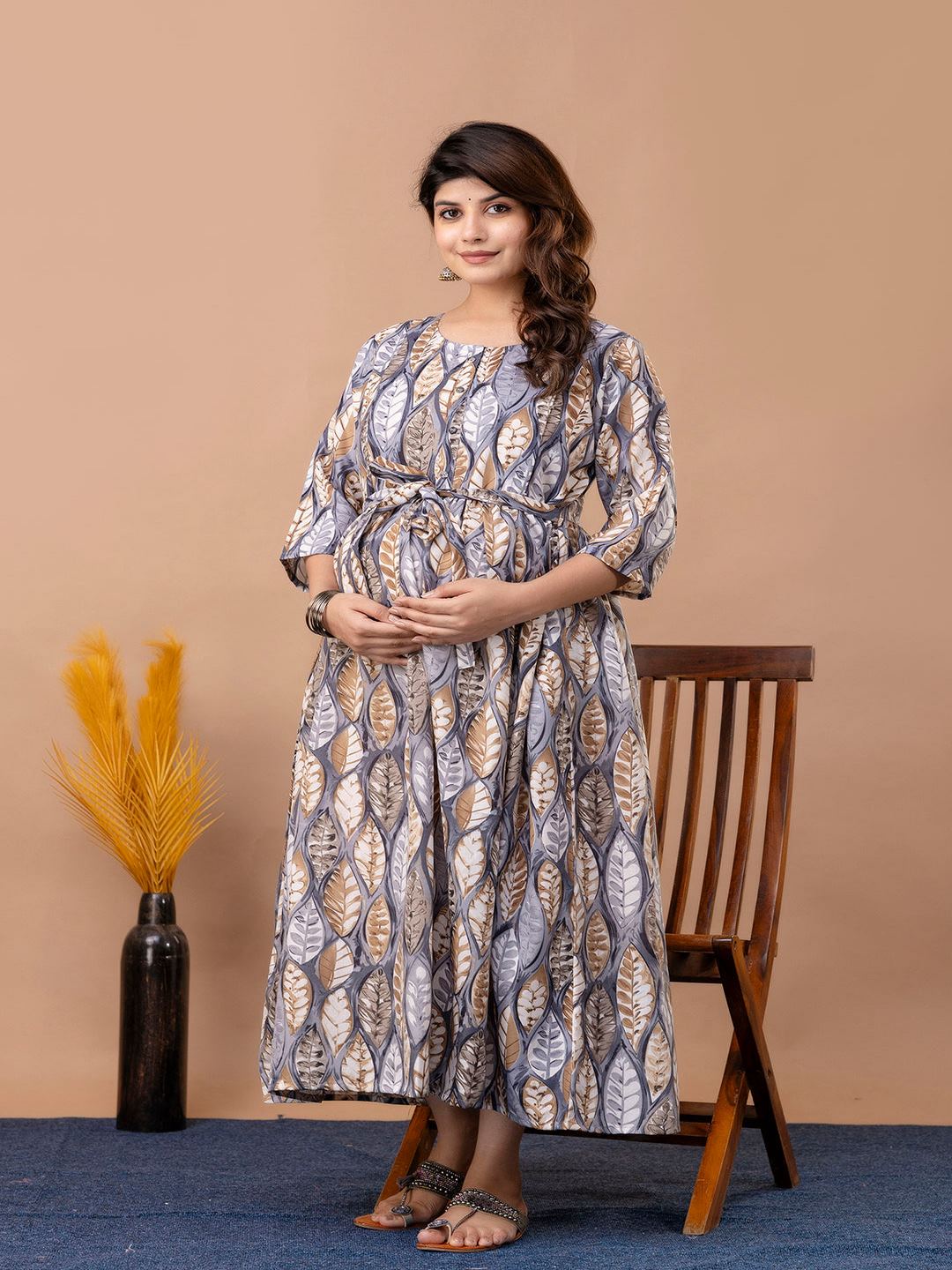 Grey Printed Maternity Dress