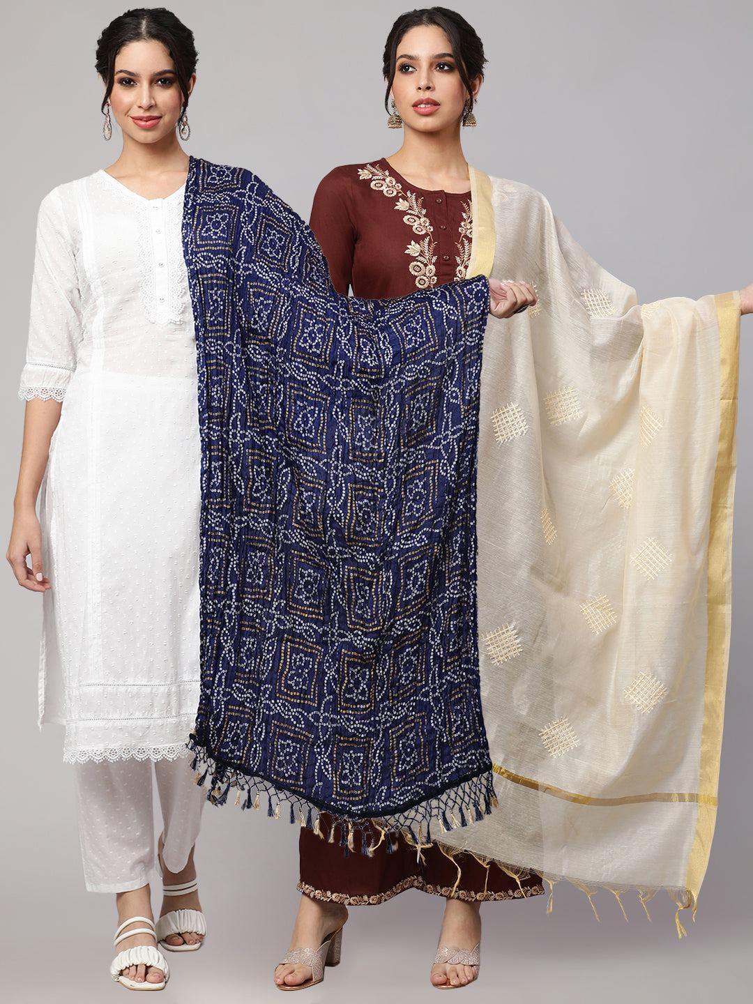 Blue Bandhani And Beige Solid Dupatta Combo, Pack Of Two