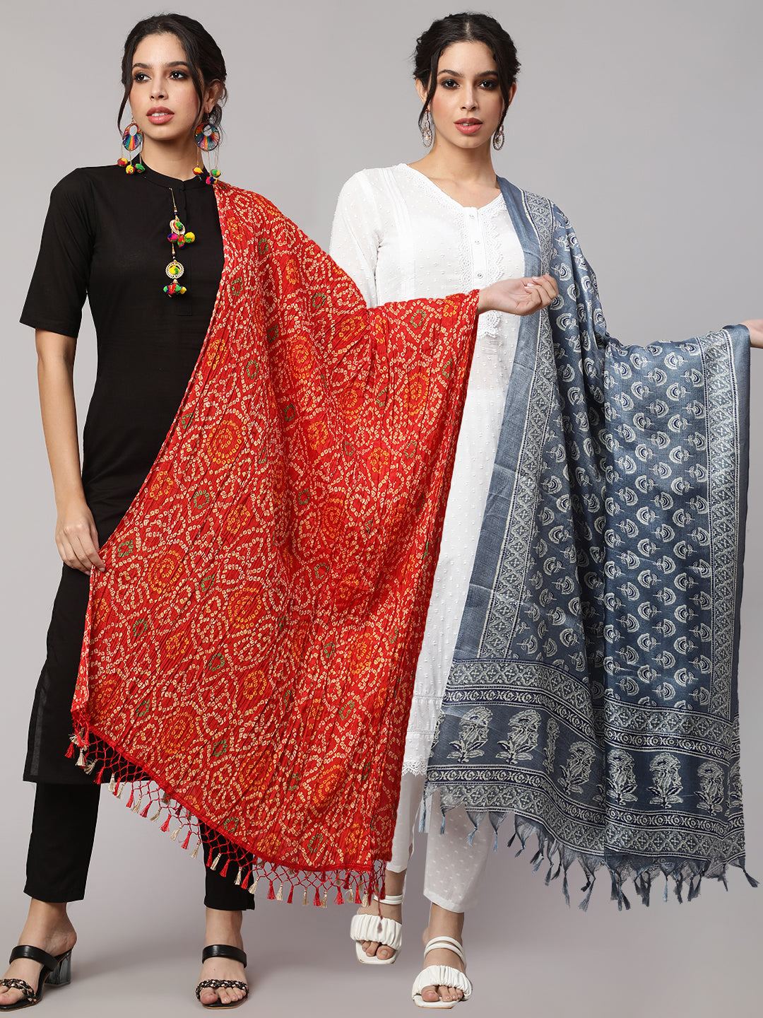 Grey Printed And Red Bandhini Dupatta Combo, Pack Of Two