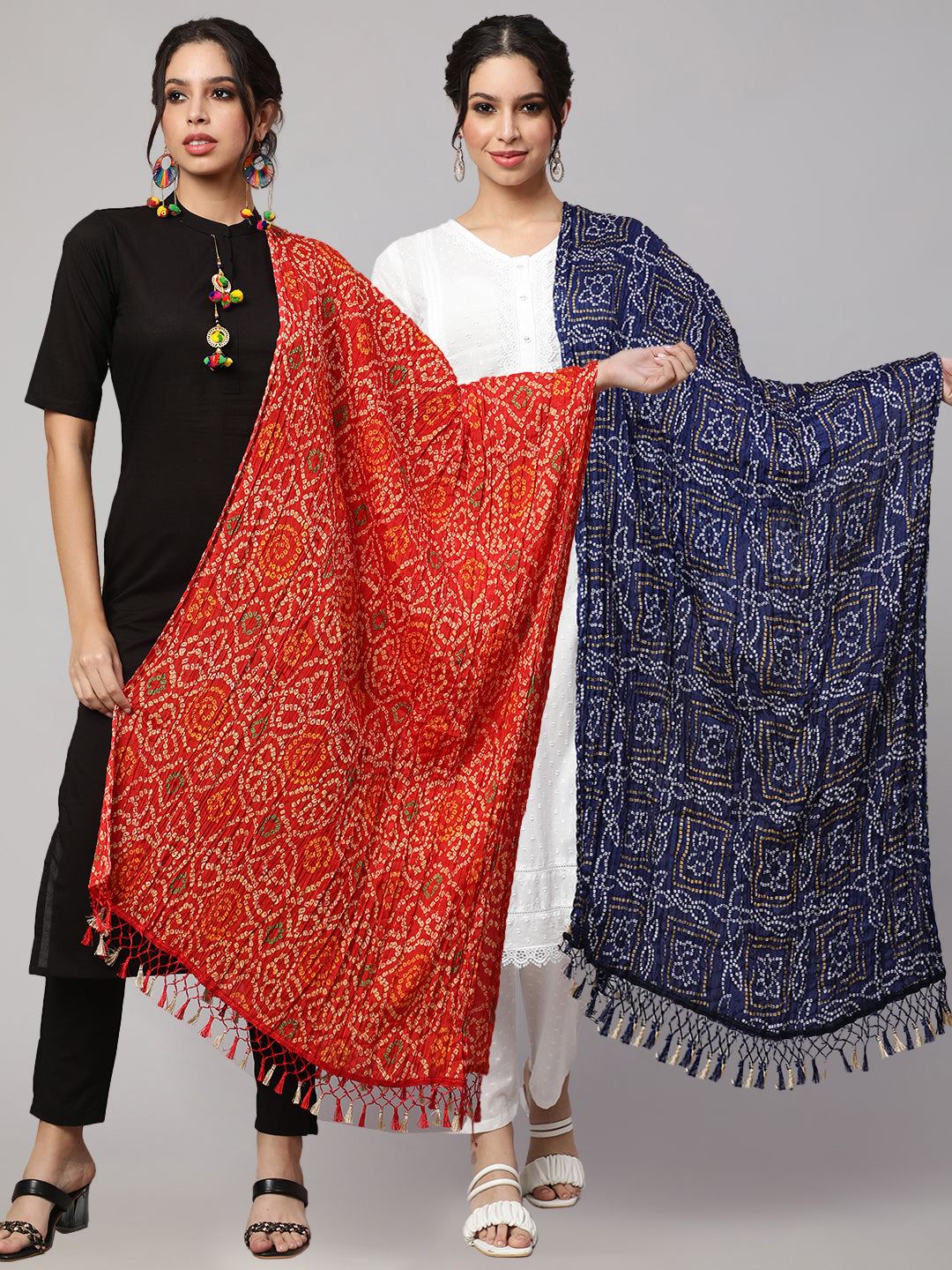 Blue Bandhini And Red Bandhani Dupatta Combo, Pack Of Two