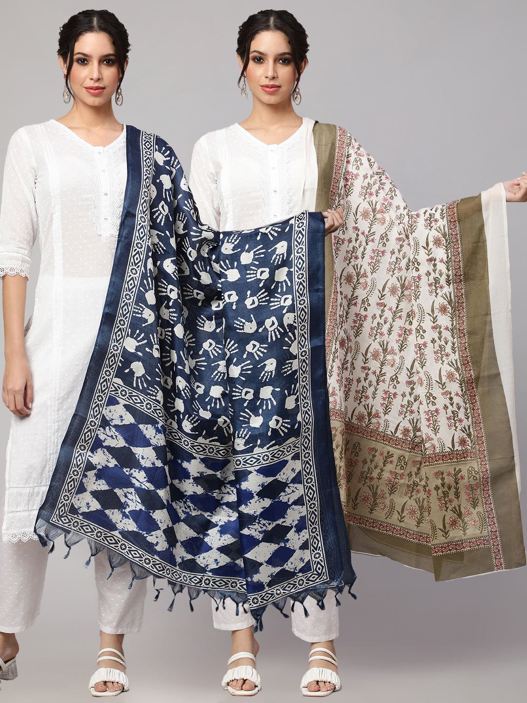 Blue And Off White Printed Dupatta Combo, Pack Of Two