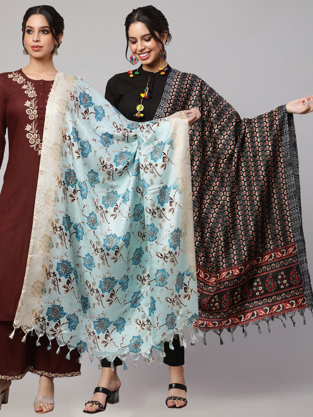 Black And Beige Printed Dupatta Combo, Pack Of Two