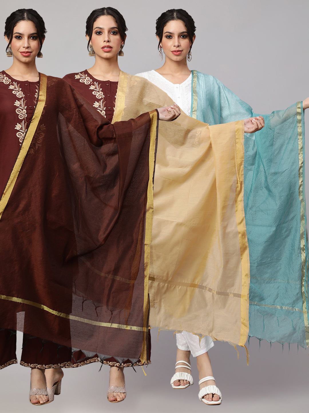 Dupatta Combo, Pack Of Three Brown, Beige, & Blue