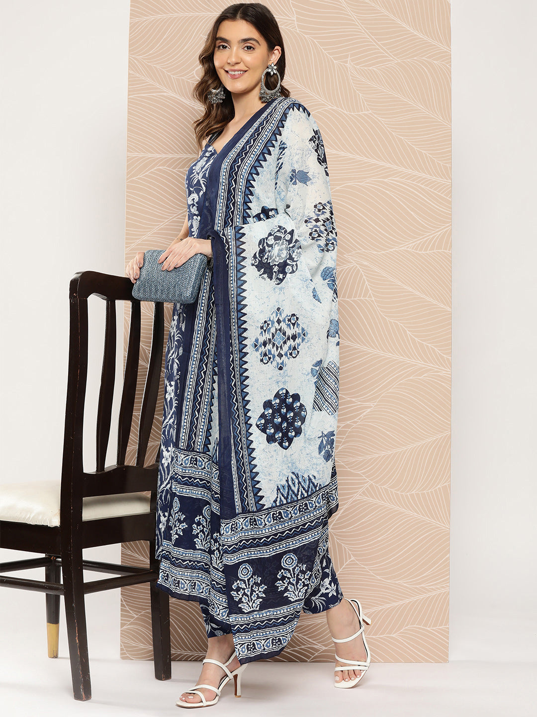 Blue Paisley Printed Straight Kurta With Trouser And Dupatta