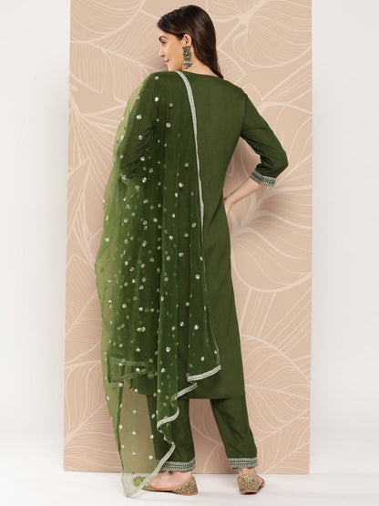 Green Embroidered Straight Kurta With Palazzo And Dupatta