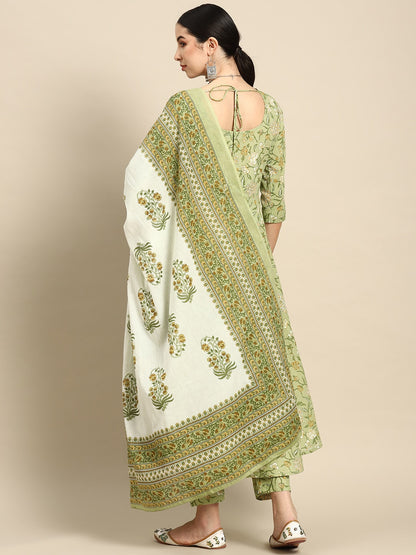 Green Floral Printed Anarkali Kurta With Trouser And Dupatta