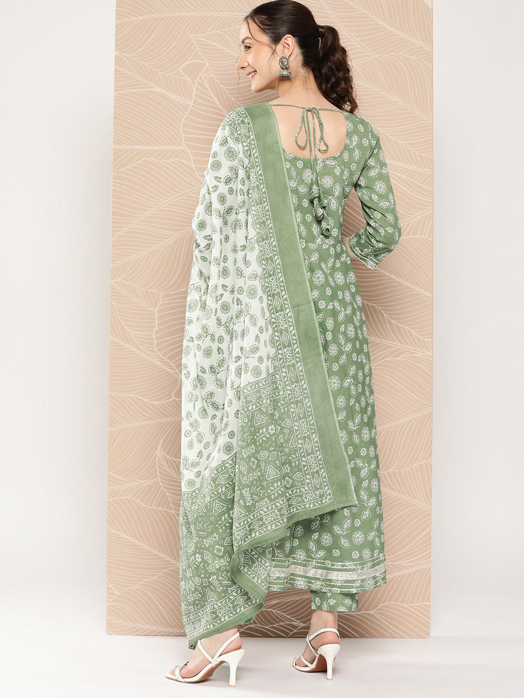 Green Floral Printed Anarkali Kurta With Trouser And Dupatta