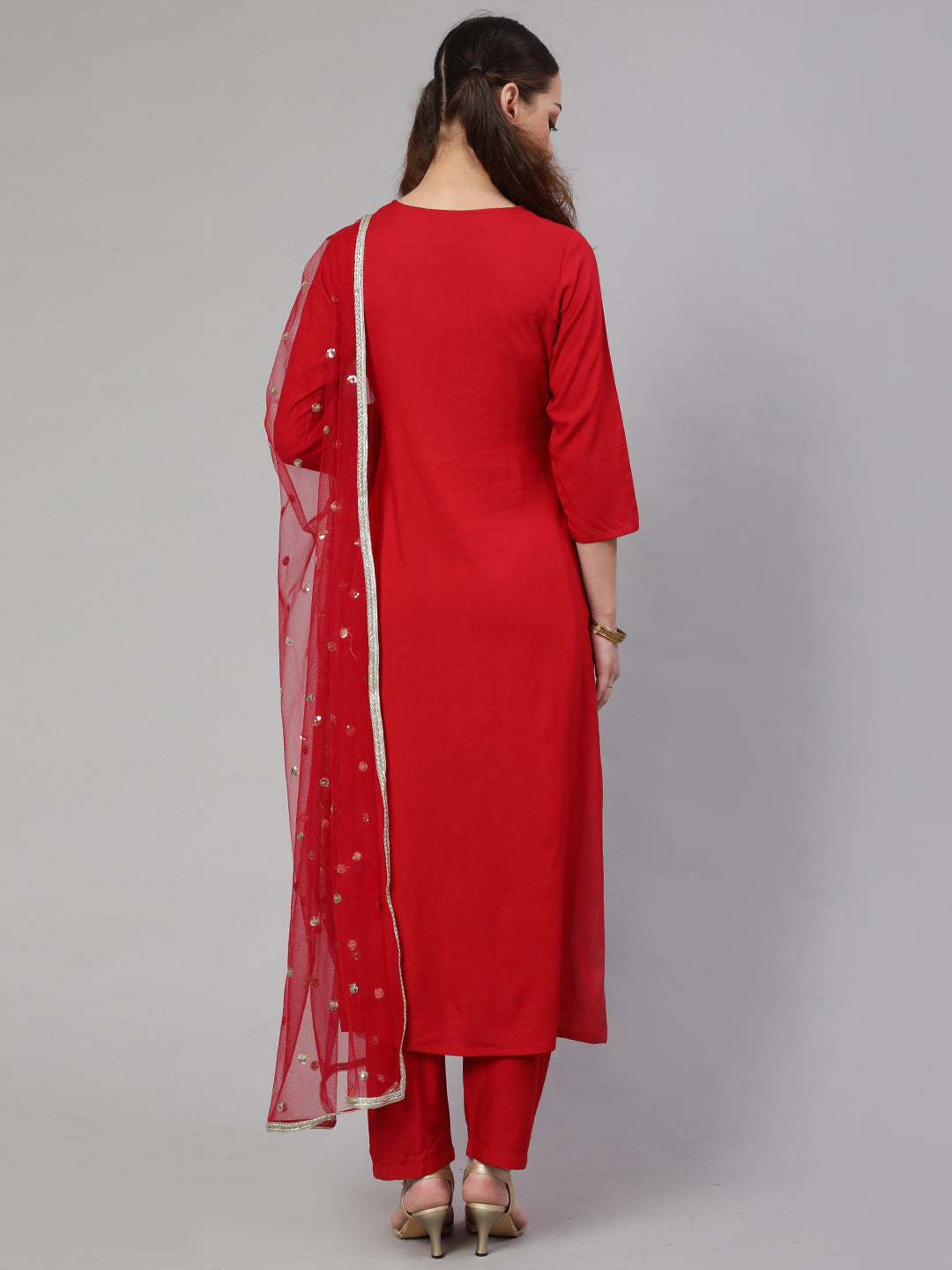 Red Embroidered Straight Kurta With Palazzo And Net Dupatta