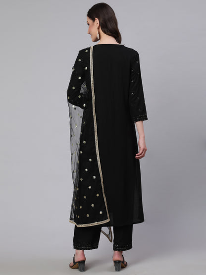 Black Embroidered Straight Kurta With Palazzo And Net Dupatta