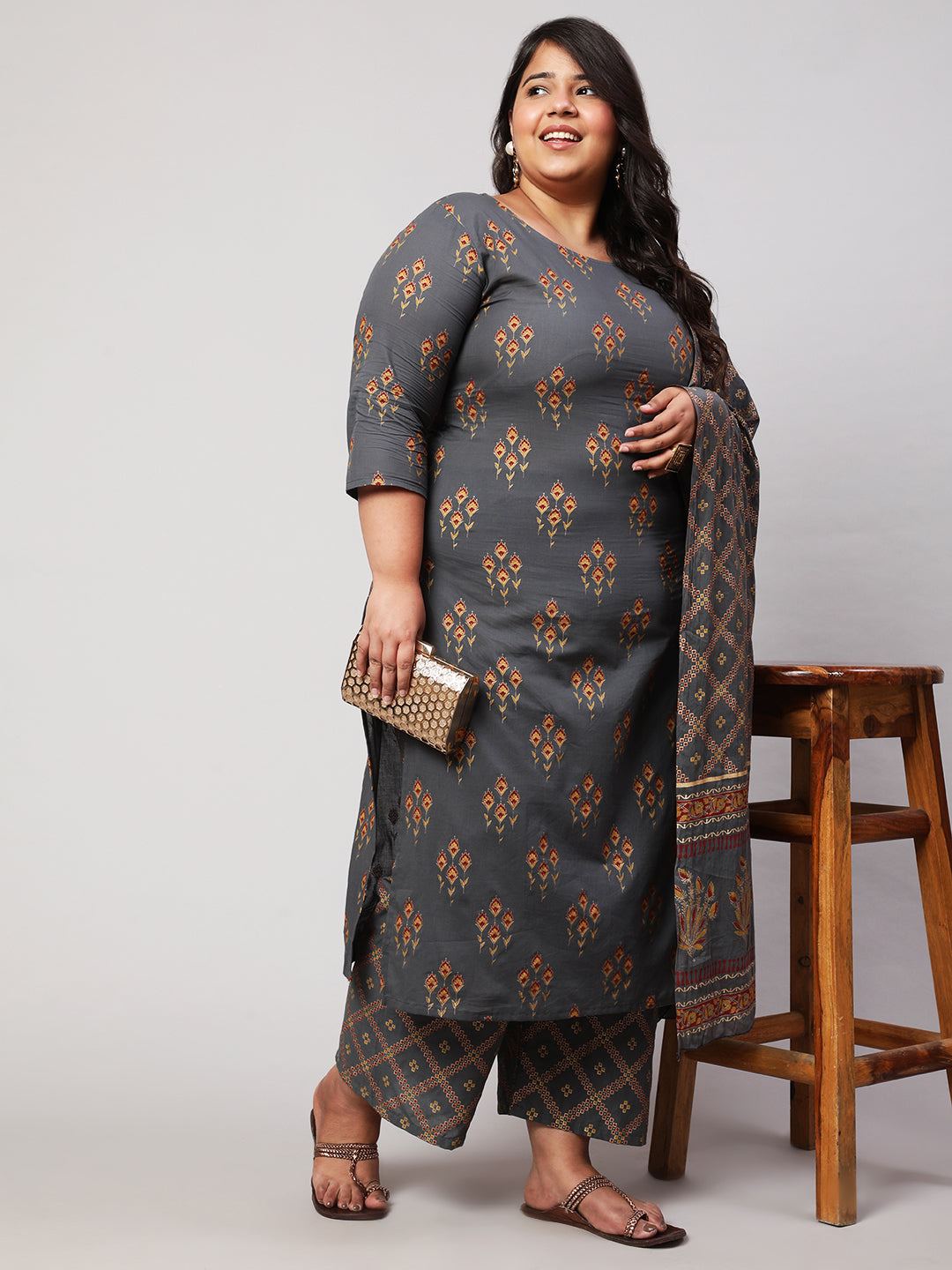 Plus Size Grey Printed Kurta And Palazzo With Dupatta