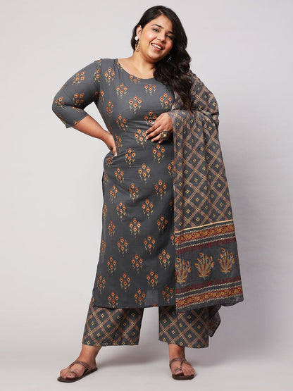 Plus Size Grey Printed Kurta And Palazzo With Dupatta