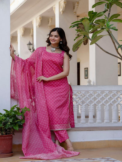 Pink Printed Straight Kurta With Trouser And Dupatta