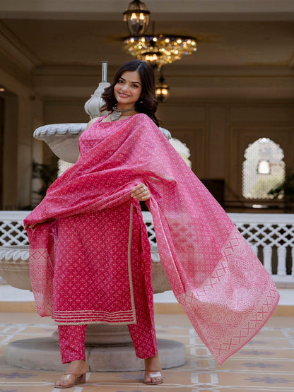 Pink Printed Straight Kurta With Trouser And Dupatta