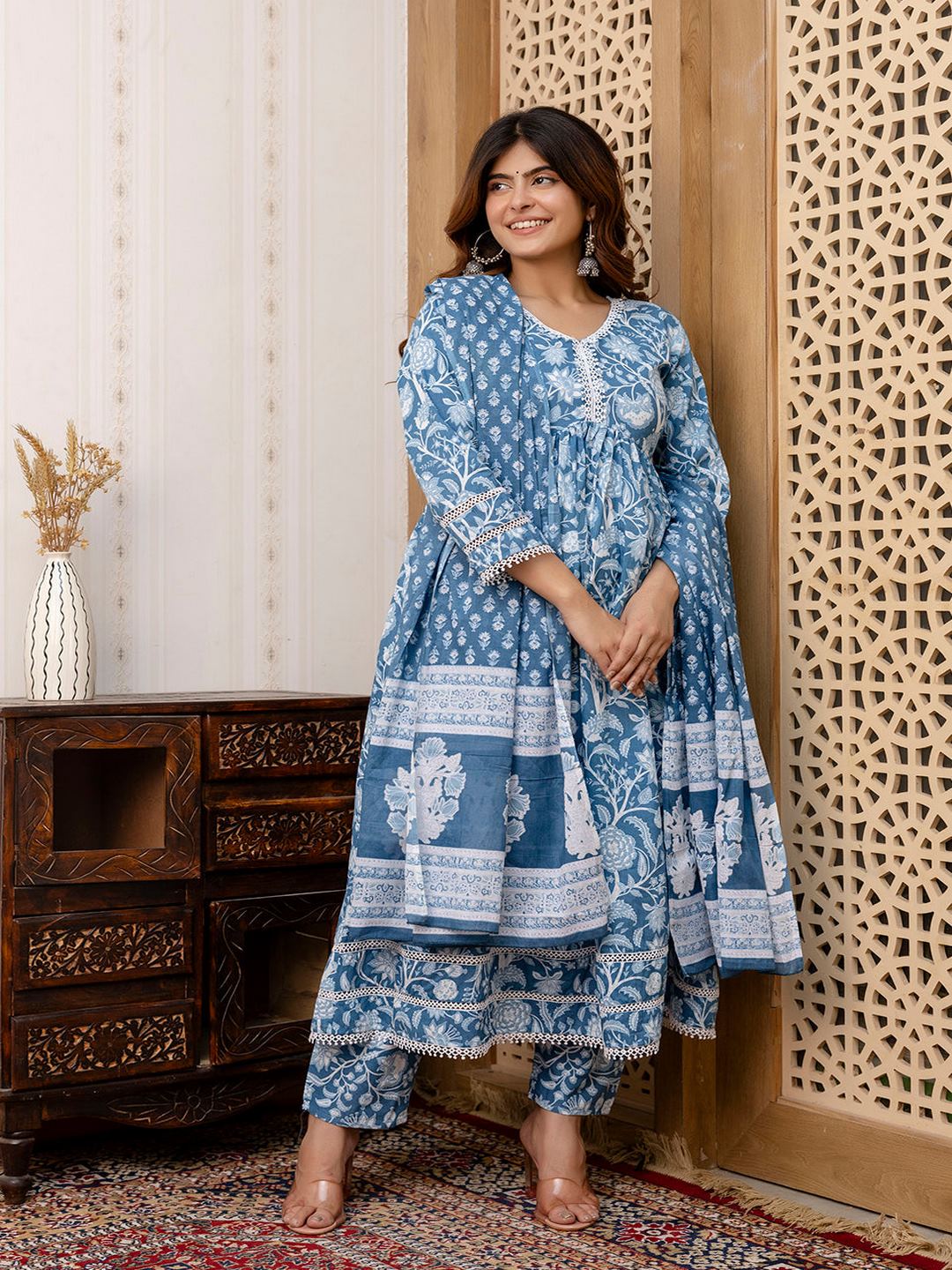 Blue Floral Printed Anarkali Kurta And Trouser With Dupatta