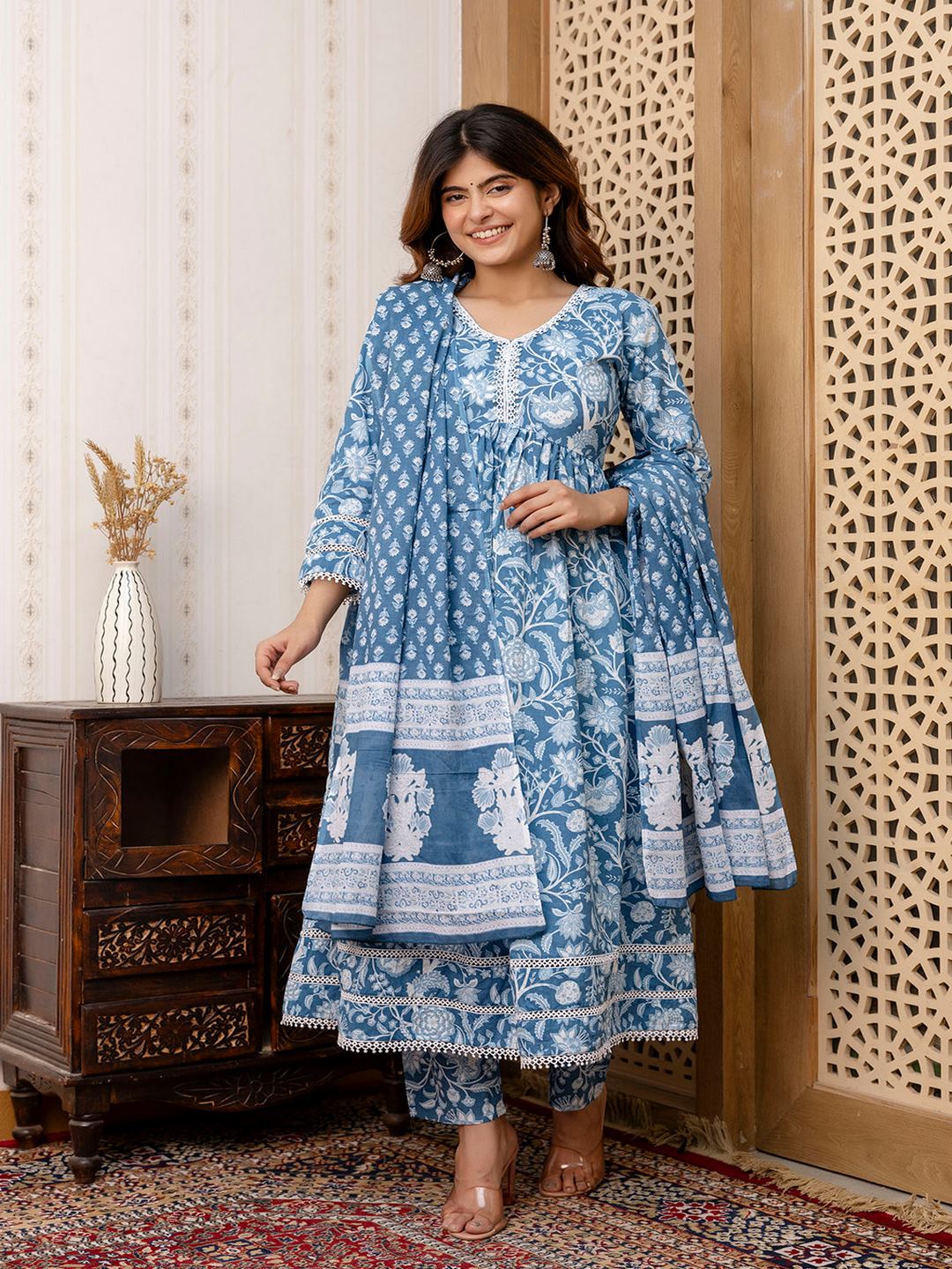 Blue Floral Printed Anarkali Kurta And Trouser With Dupatta