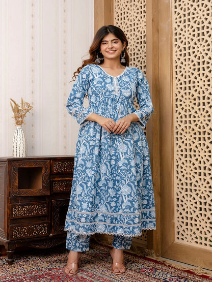 Blue Floral Printed Anarkali Kurta And Trouser With Dupatta