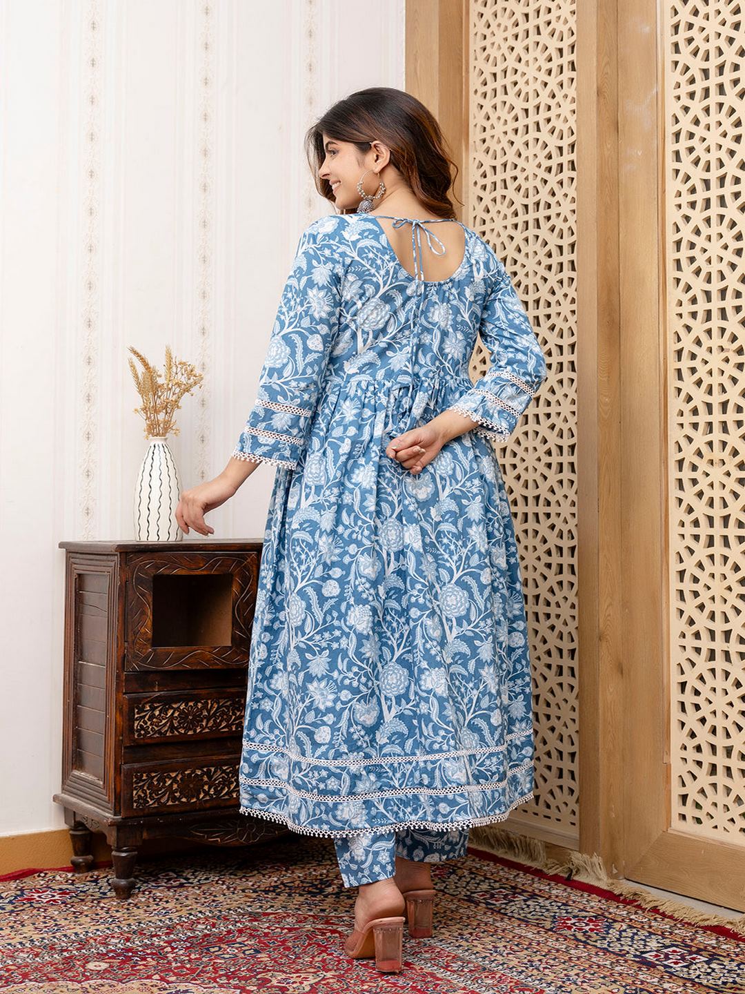 Blue Floral Printed Anarkali Kurta And Trouser With Dupatta