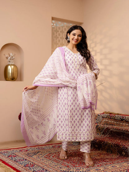 White And Purple Printed Straight Kurta And Trouser With Dupatta