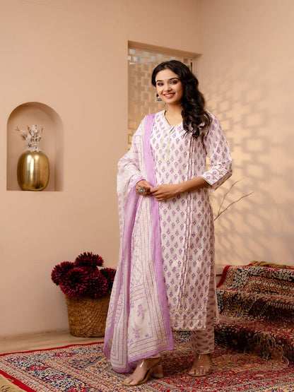 White And Purple Printed Straight Kurta And Trouser With Dupatta