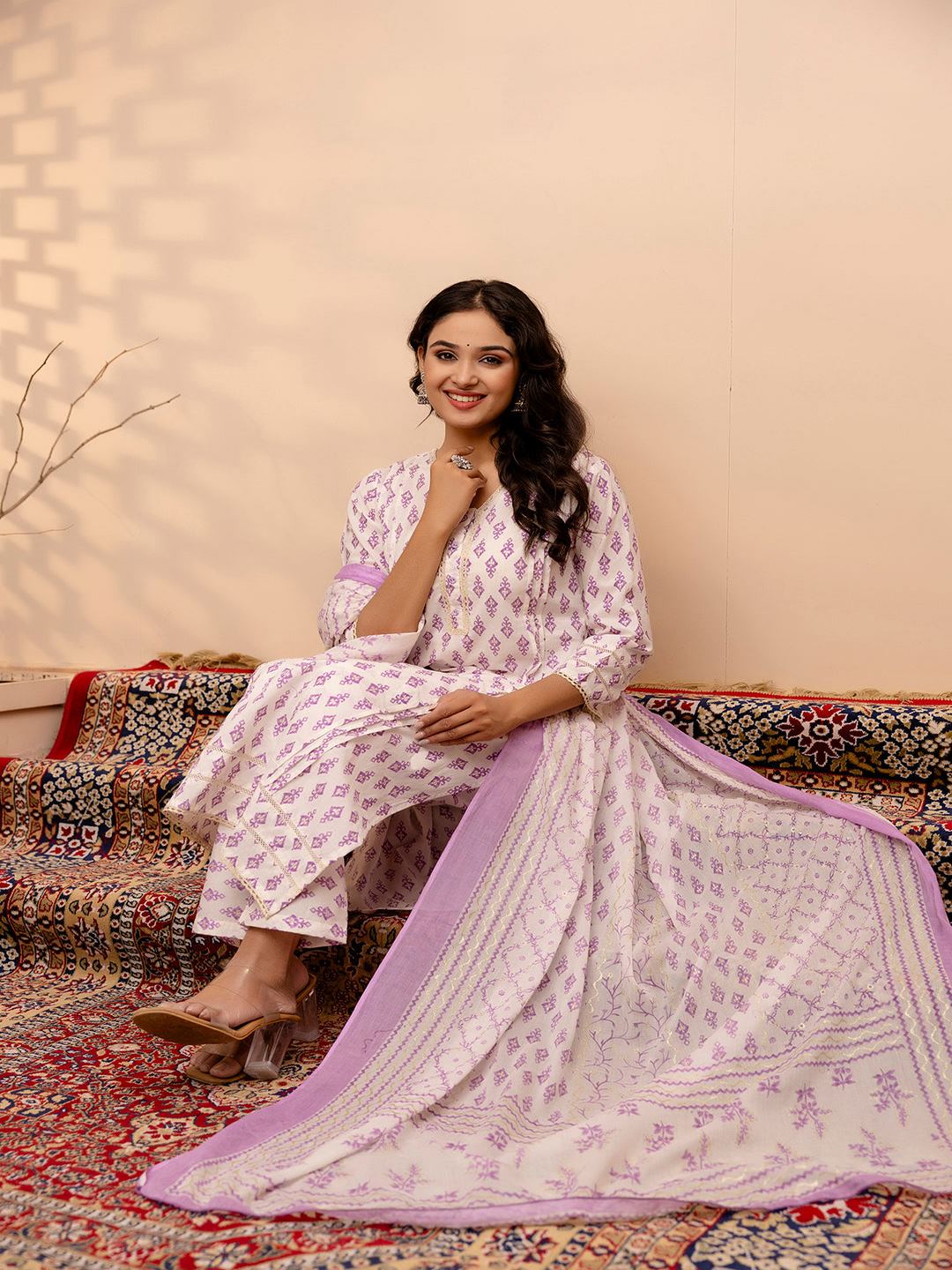 White And Purple Printed Straight Kurta And Trouser With Dupatta