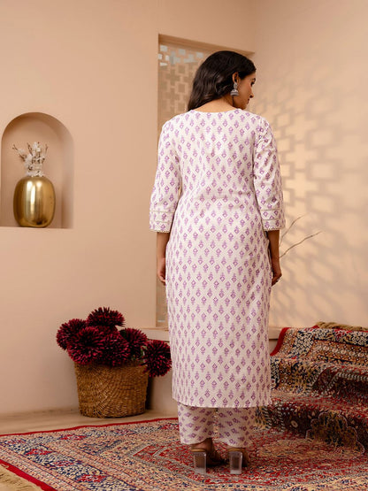 White And Purple Printed Straight Kurta And Trouser With Dupatta