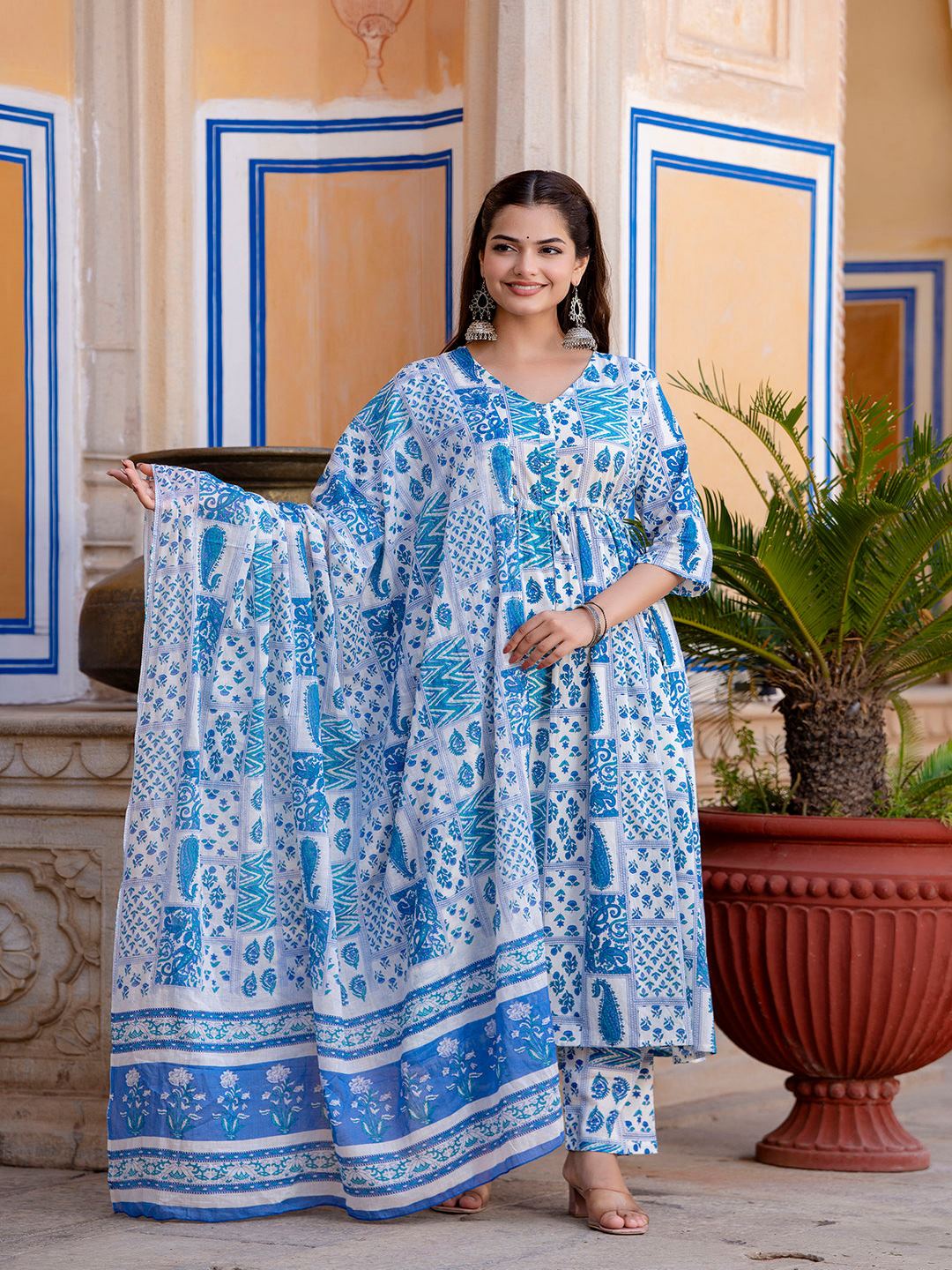 Off White Printed Anarkali Kurta Set With Dupatta For Women