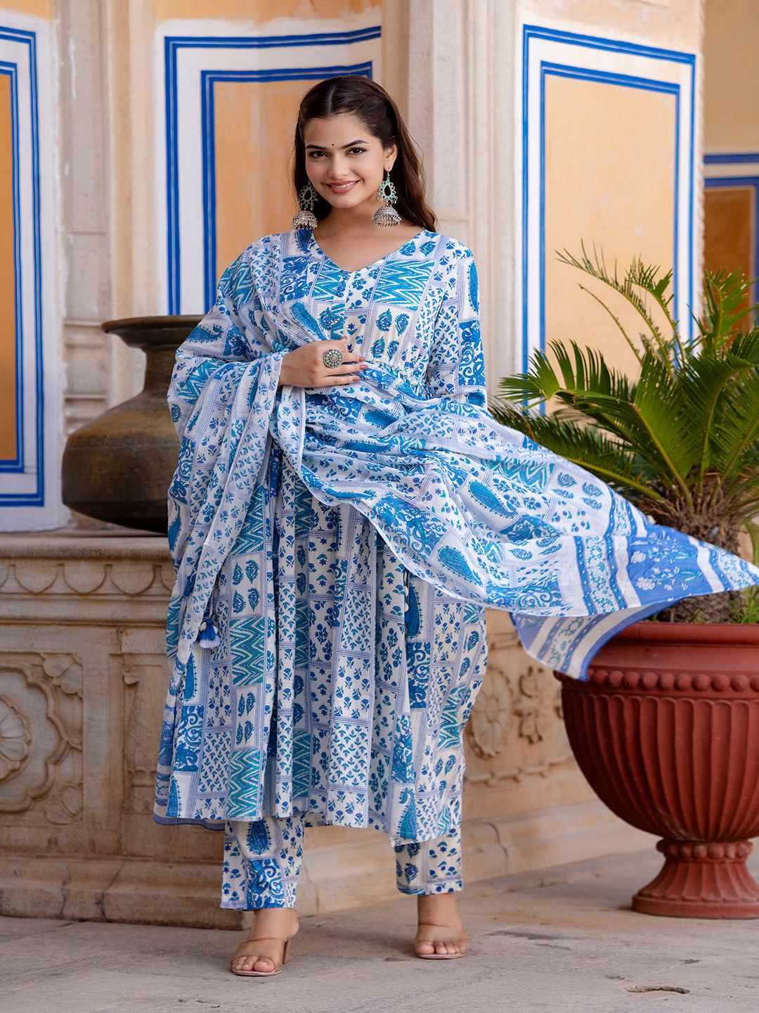 Off White Printed Anarkali Kurta Set With Dupatta For Women