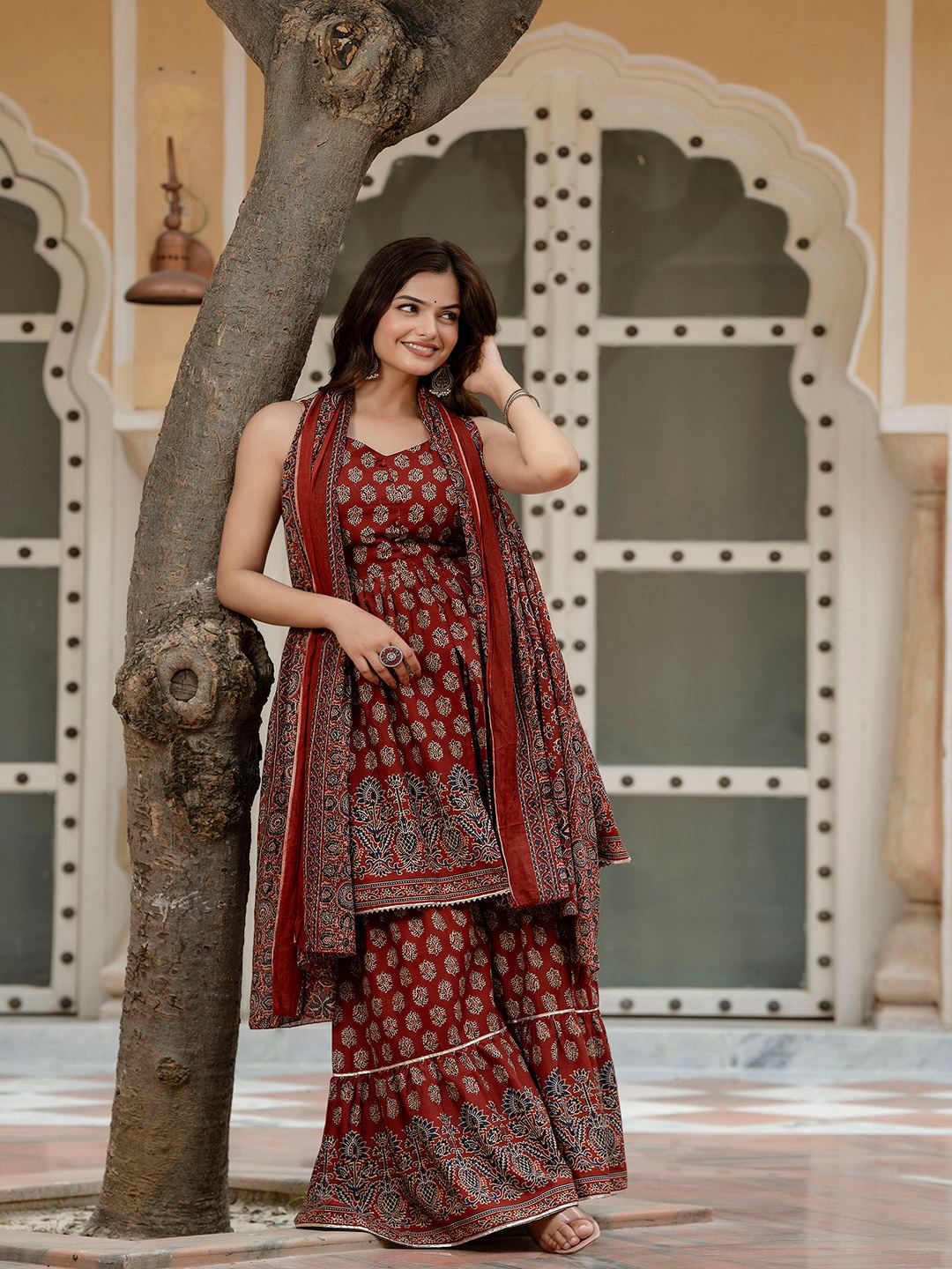 Maroon Printed Kurti And Sharara Set With Dupatta