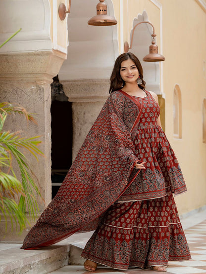 Maroon Printed Kurti And Sharara Set With Dupatta