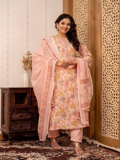 Pink Printed Straight Kurta And Trouser With Dupatta