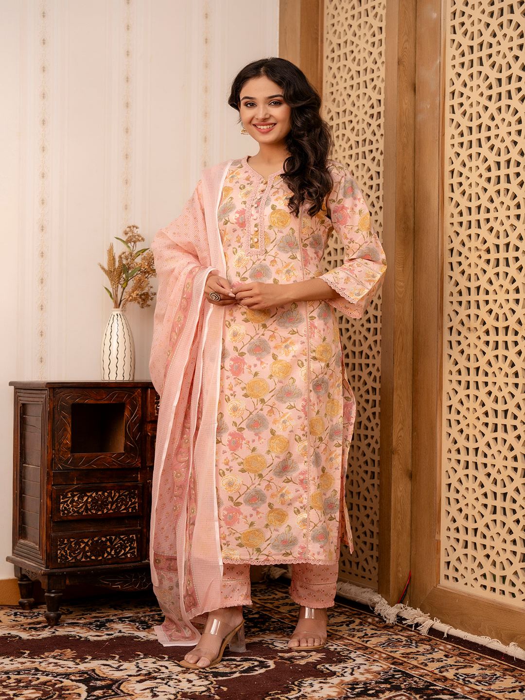 Pink Printed Straight Kurta And Trouser With Dupatta