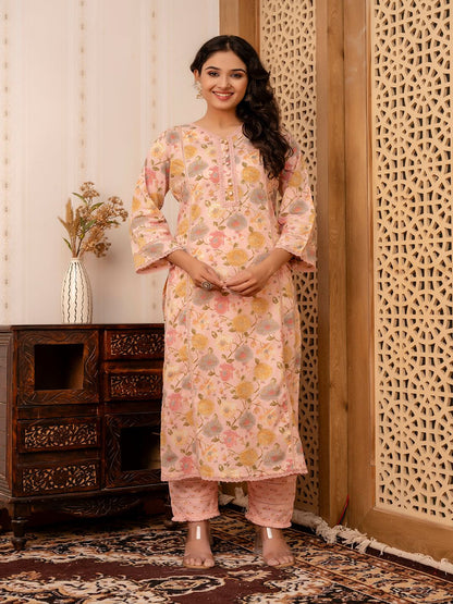 Pink Printed Straight Kurta And Trouser With Dupatta