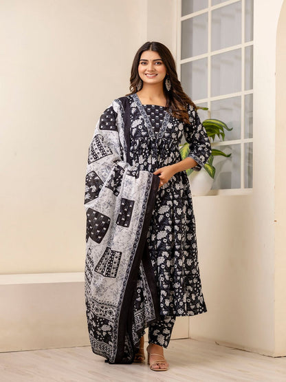 Black Ethnic Printed Anarkali Kurta And Trouser With Dupatta