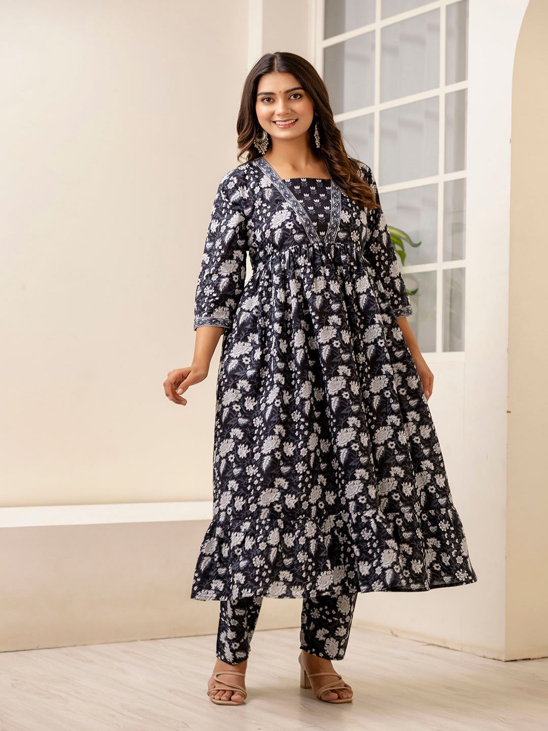 Black Ethnic Printed Anarkali Kurta And Trouser With Dupatta